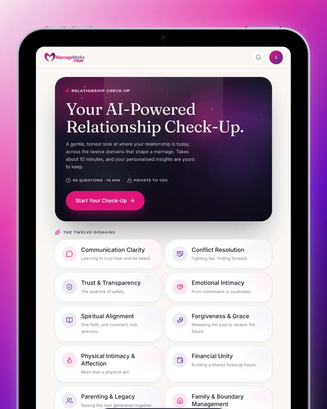 MarriageWorks app experience showing personalised marriage assessment, lesson paths, and progress tracking on mobile